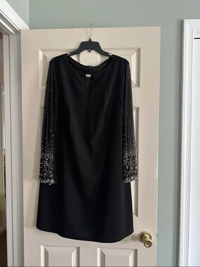MARINA Black Long Sleeve Dress with Beaded Sheer Sleeves